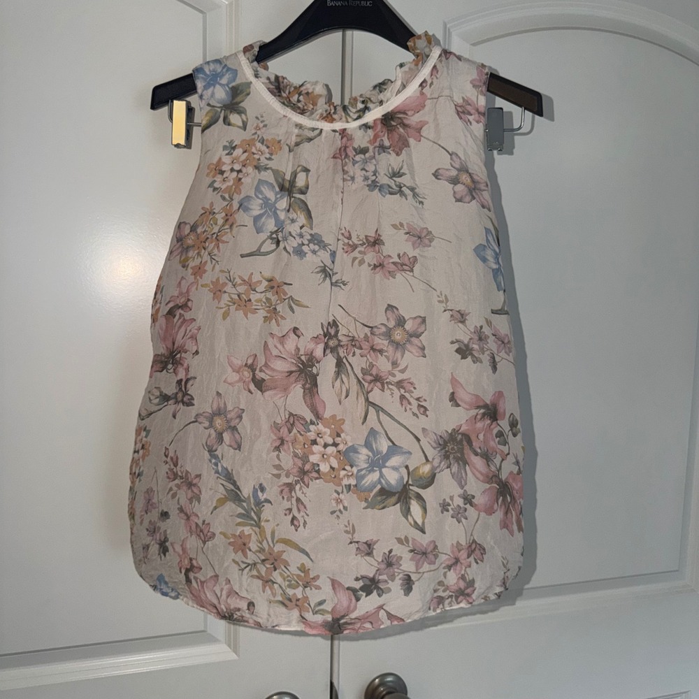 Elena Baldi Italy Silk Floral Ruffle Neck Sleeveless Blouse Pink Blue Small